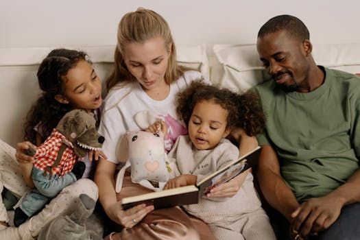 children reading a book together