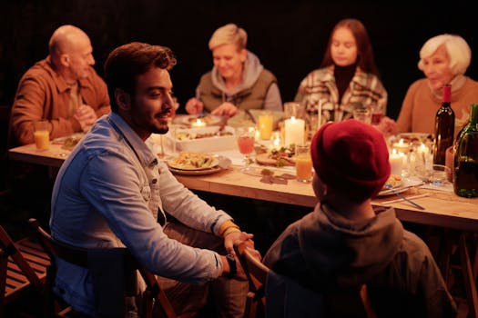 family discussing recycling over dinner